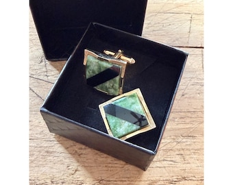 Square Gold-Toned Cufflinks With Green & Black Stone Inlay Unique Geometric Design Gift Box Included
