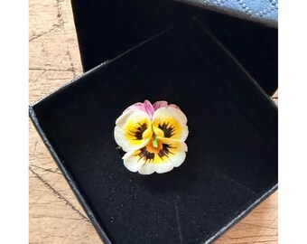 Handcrafted vintage Floral Porcelain Pansy Brooch Pin In Gift Box