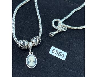 Vintage Sterling Silver Braided Necklace With Cameo Pendant Decorative Beads