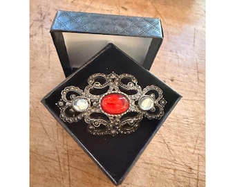 Antique-Style Silver Brooch With Red & Clear Gemstones Intricate Scrollwork Design Includes Gift Box