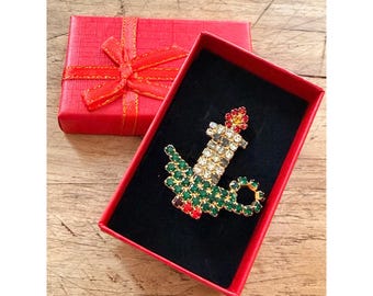 Vintage Rhinestone Candle Brooch Pin With Red Gift Box