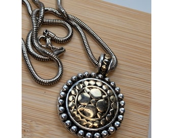 Vintage-Style Gold & Silver-Tone Pendant Necklace With Round Textured Medallion On Snake Chain 20 Inches Long