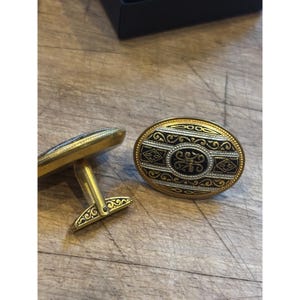 Vintage Spanien Damaszener Gold & Schwarz Oval Manschettenknöpfe mit Kompliziertem Muster