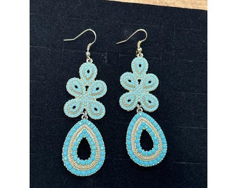 Stella  Dot Beaded Turquoise Teardrop  Floral Dangle Earrings With Gold Accents For Women