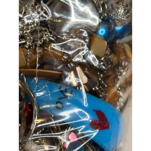 May include: A close-up of a variety of jewelry pieces, including beads, chains, and charms, in a clear plastic bag. The jewelry is mostly brown, silver, and blue. The bag has the word "LOVE" written on it in black.