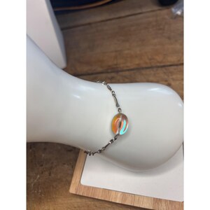Iridescent Beaded Sterling Silver Bracelet With Oval Glass Accent & Lobster Clasp