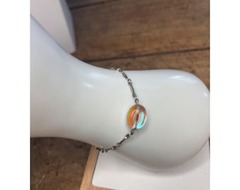 Iridescent Beaded Sterling Silver Bracelet With Oval Glass Accent & Lobster Clasp