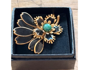 Vintage Gold-Tone Floral Brooch With Black Enamel Petals & Green Center Stone Elegant Jewelry Accessory For Women In Gift Box