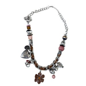 Vintage Boho Charm Necklace With Heart Flower Pendants Pink Beads & Braided Leather Chain Silver Tone Accents Adjustable Length