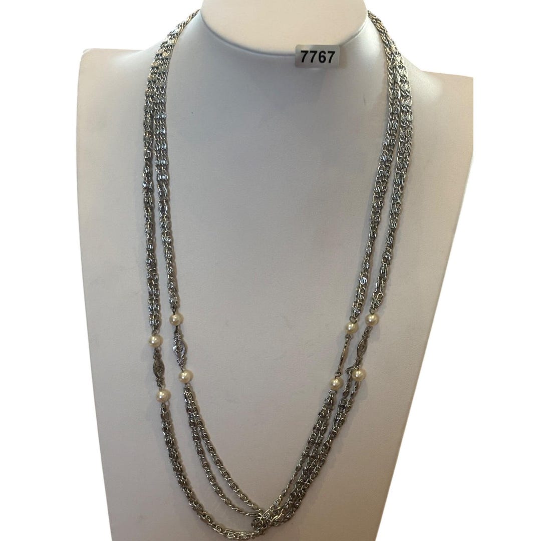 Pearl Mix Malti Chain Necklace （Silver） Vintage Multi-strand Silver Chain Necklace With Faux Pearls - Etsy