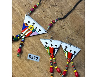 Copper Handcrafted African-Inspired Jewelry Set With Painted Metal Triangles & Beaded Dangles - Necklace Earrings