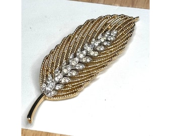 Vintage Gold Leaf Brooch With Rhinestones Elegant Jewelry Accessory 3" Length