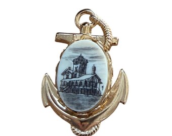Vintage Gold Anchor Pendant With Detailed House Scene Nautical Charm Approx 2 Inches Intricate Design Collectible Jewelry Piece