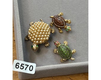 Vintage Gold Tone Turtle Brooch set  With Pearl  Enamel Details