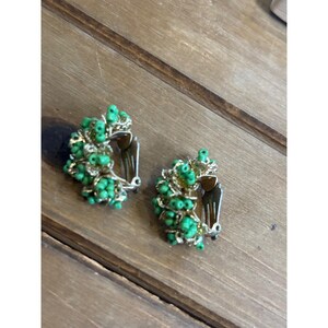 Marked Hong Kong Vintage Gold-Tone Clip-On Earrings With Green Bead Clusters