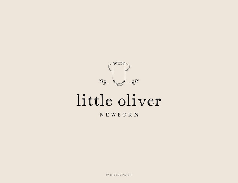 May include: Black and white logo design for a business called "little oliver newborn" with a simple illustration of a baby onesie and two small sprigs of greenery.