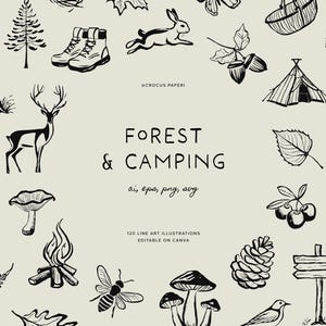 Forest & Camping Line Art Illustrations: Wildlife, Trees, Hiking (PNG ...