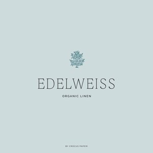 May include: A logo for Edelweiss Organic Linen, featuring a stylized tree with green leaves and the text "Edelweiss Organic Linen" in black. The text "By Crocus Paperi" appears in smaller font below the logo.