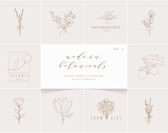 BOTANICAL logo's en illustraties Vol. 2 | Lijntekeningen, bladeren, takken, bloemen, logosjablonen