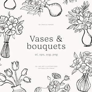 花瓶に入ったブーケ | 手描きの線画ブーケのイラスト、ウェディング フローラル、線画花瓶、Png クリップアート、SVG クリップアート、ベクター クリップアート