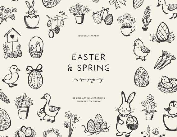 Easter Line Art Illustrations: Spring Doodles Clipart (PNG, SVG)