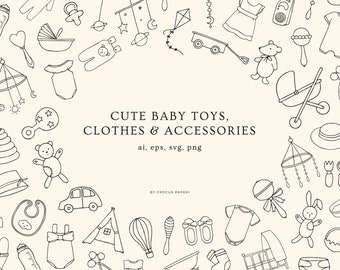 Baby Clothes & Toys Line Art Doodles (SVG, PNG)