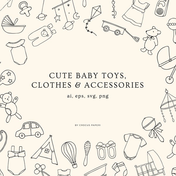 CLOTHES, TOYS & ACCESSORIES | Hand-drawn Line Art Cute Baby Clothes, Newborn Toys, Baby Accessories, Coloring Doodles, Svg Doodles