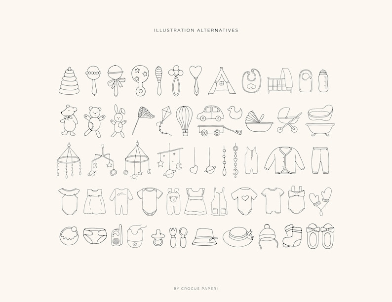 May include: A set of 40 black and white illustrations of baby items, including toys, clothing, and accessories. The illustrations are in a simple, hand-drawn style.