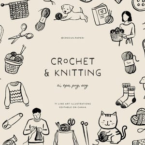 CROCHET & KNITTING | Hand-drawn Line Art Handicraft Illustrations, Yarn Icons, Wool, Ink Doodles, Png Clipart, Svg Clipart, Vector Clipart
