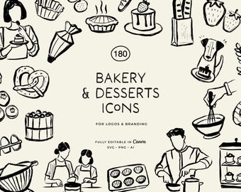 Puede incluir: Ilustraciones en blanco y negro de artículos de panadería y postres, incluyendo pasteles, bollería y utensilios de cocina. Se muestra el texto "BAKERY & DESSERTS ICONS", junto con "180" y "FOR LOGOS & BRANDING". Totalmente editable en Canva.
