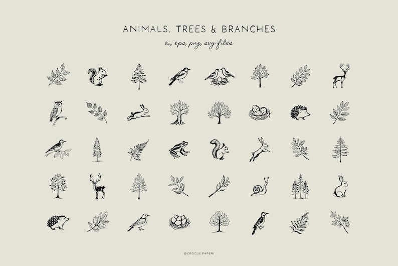 Forest & Camping Line Art Illustrations: Wildlife, Trees, Hiking (PNG ...
