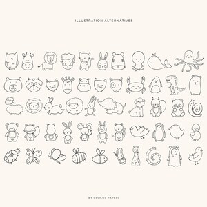 May include: A black and white illustration sheet featuring a variety of cute animal illustrations. The sheet includes animals such as owls, giraffes, lions, cats, rabbits, elephants, bears, foxes, hippos, penguins, butterflies, bees, and more.