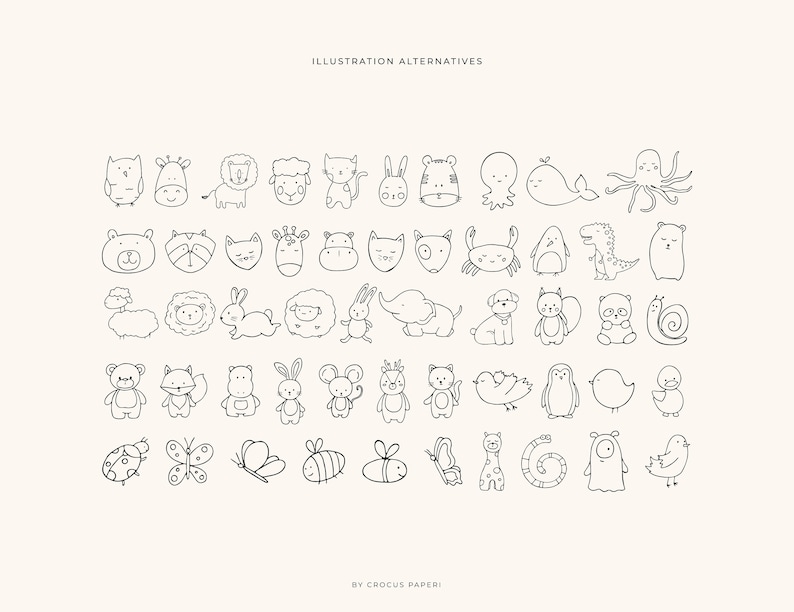 May include: A black and white illustration sheet featuring a variety of cute animal illustrations. The sheet includes animals such as owls, giraffes, lions, cats, rabbits, elephants, bears, foxes, hippos, penguins, butterflies, bees, and more.