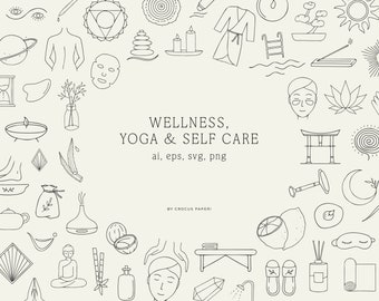 Wellness Line Art Illustrations: Yoga, Spa, Skincare (PNG, SVG)
