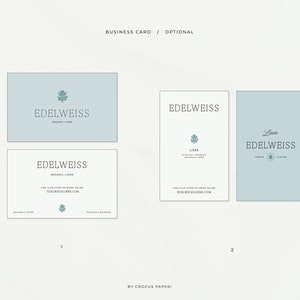 May include: Two different business card designs for Edelweiss Organic Linen. The first design features a simple logo with the company name and "Organic Linen" in a light blue font. The second design features a more detailed logo with the company name, "Linen" and "Ethically Sourced Naturally Grown" in a light blue font. Both designs feature a small leaf icon.