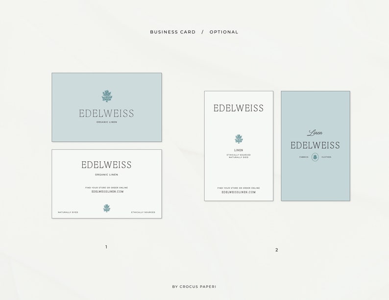 May include: Two different business card designs for Edelweiss Organic Linen. The first design features a simple logo with the company name and "Organic Linen" in a light blue font. The second design features a more detailed logo with the company name, "Linen" and "Ethically Sourced Naturally Grown" in a light blue font. Both designs feature a small leaf icon.