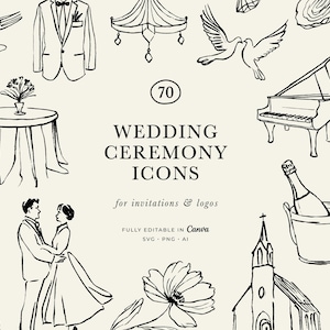 May include: Black and white line art illustrations of wedding-related items, including a tuxedo, piano, champagne, church, and a couple dancing. The text reads "WEDDING CEREMONY ICONS" and "for invitations & logos".