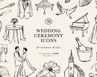 May include: Black and white line art illustrations of wedding-related items, including a tuxedo, piano, champagne, church, and a couple dancing. The text reads "WEDDING CEREMONY ICONS" and "for invitations & logos".