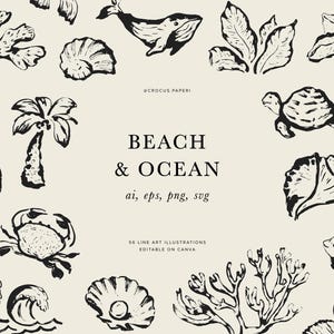SEA, BEACH, OCEAN | Hand-drawn Line Art Ocean Illustrations, Sea Creatures, Seaweed, Shells, Fish, Png Clipart, Svg Clipart, Vector Clipart