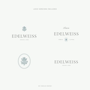 May include: Four different logo variations for Edelweiss Organic Linen. The logo features a stylized edelweiss flower in a circle, with the text "Edelweiss Organic Linen" below. The logo is available in different formats, including a version with the text "Linen Edelweiss Fabrics Clothes".