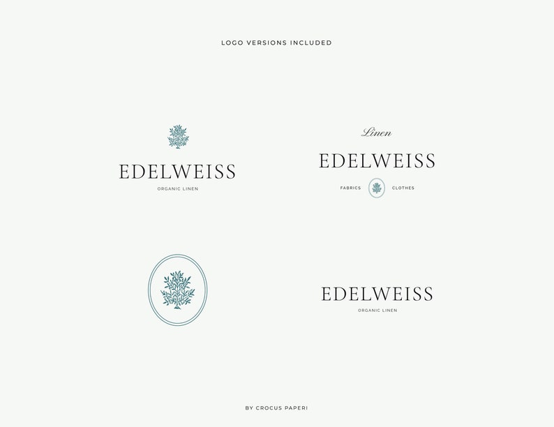 May include: Four different logo variations for Edelweiss Organic Linen. The logo features a stylized edelweiss flower in a circle, with the text "Edelweiss Organic Linen" below. The logo is available in different formats, including a version with the text "Linen Edelweiss Fabrics Clothes".