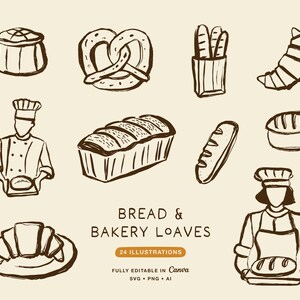 Brödbageri Clipart-set, brödlimpor, croissant, pretzel-illustrationer, handritade bageriikoner, SVG PNG AI