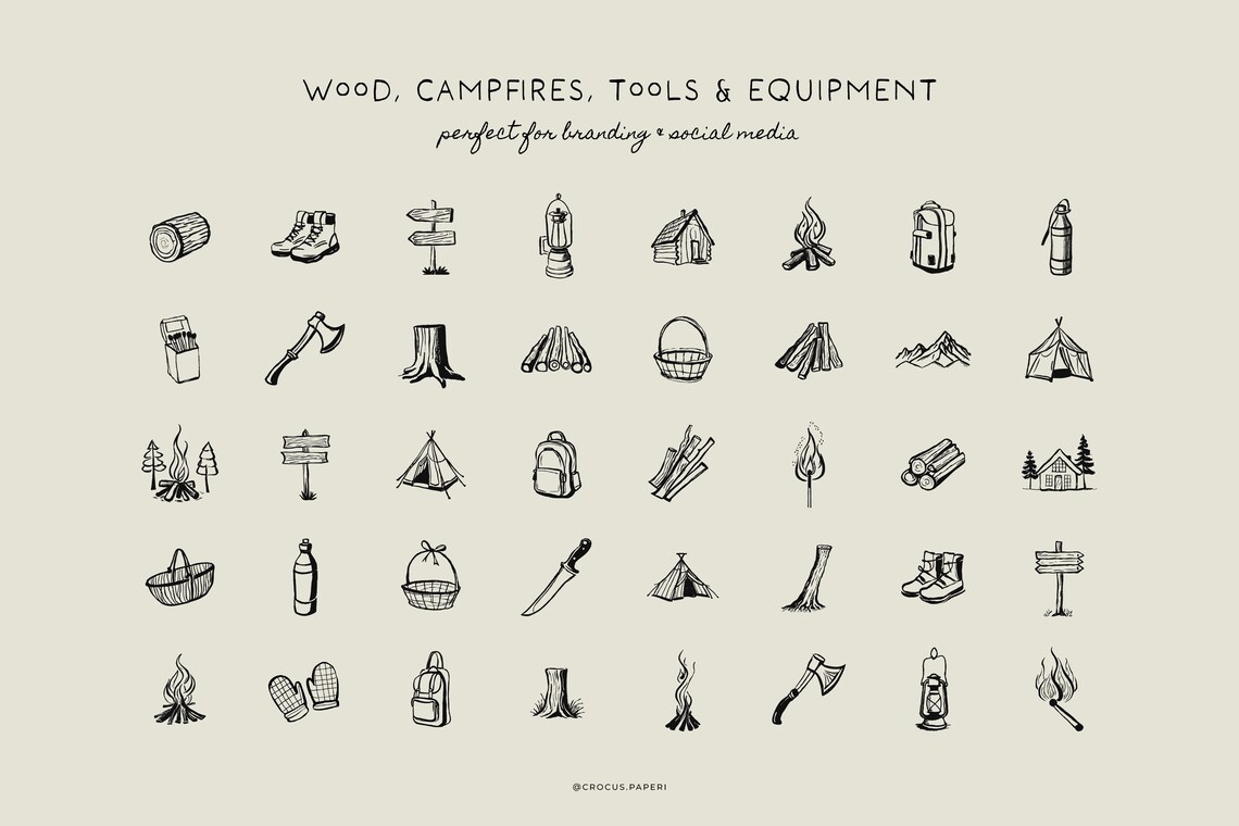 Forest & Camping Line Art Illustrations: Wildlife, Trees, Hiking (PNG ...
