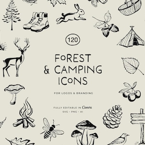 Forest & Camping Line Art Illustrationen: Wildtiere, Bäume, Wandern (PNG, SVG, AI)