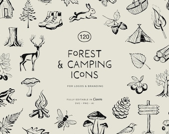 Forest & Camping Line Art Illustrations: Wildlife, Trees, Hiking (PNG, SVG, AI)