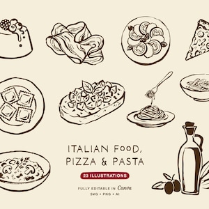 Könnte beinhalten: Handgezeichnete Illustrationen italienischer Gerichte, darunter Pizza, Pasta und verschiedene Speisen. Das Bild zeigt eine Vielzahl von Lebensmitteln, wie Pizzastücke, Pasta und eine Flasche Olivenöl. Text lautet: "ITALIAN FOOD, PIZZA & PASTA".