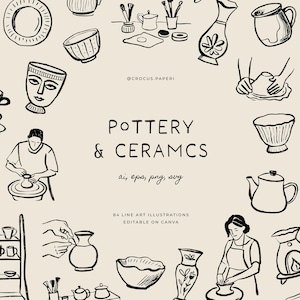 Puede incluir: Una colección de 84 ilustraciones de arte lineal de cerámica y cerámica, que incluyen jarrones, cuencos, tazas y personas que trabajan con arcilla. El texto "POTTERY & CERAMICS" se muestra en el centro de la imagen. Las ilustraciones son editables en Canva.
