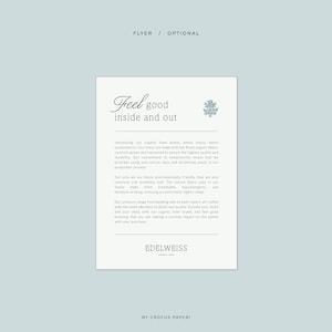 May include: A flyer for Edelweiss, a brand of organic linens made with the finest organic cotton. The flyer features a green leaf design and the text "Feel good inside and out." The text describes the brand's commitment to sustainability and environmentally friendly practices.