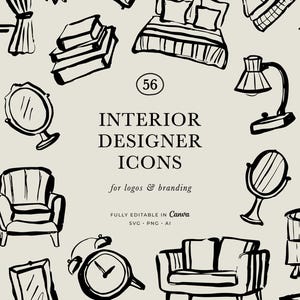 May include: A collection of hand-drawn interior design icons in black on a cream background. The image includes illustrations of furniture, mirrors, lamps, and clocks. Text reads "INTERIOR DESIGNER ICONS for logos & branding".