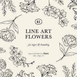 May include: A cream-coloured background with black line art illustrations of flowers. The text reads "LINE ART FLOWERS" and "for logos & branding". The image also states "FULLY EDITABLE IN Canva". Various floral designs are shown.